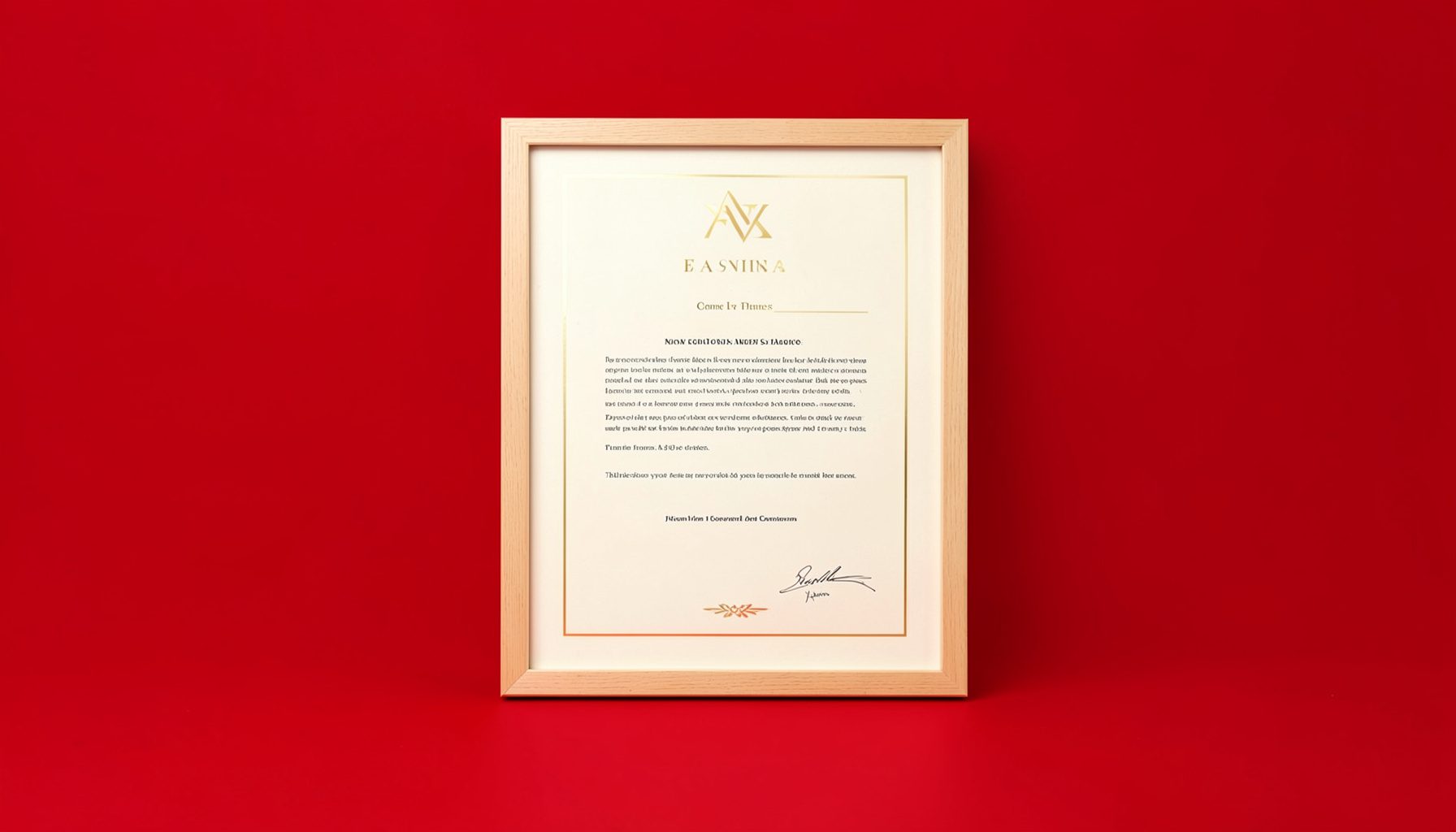 A crisp studio photograph on a seamless neutral backdrop showing a framed certificate or award document with subtle gold accents