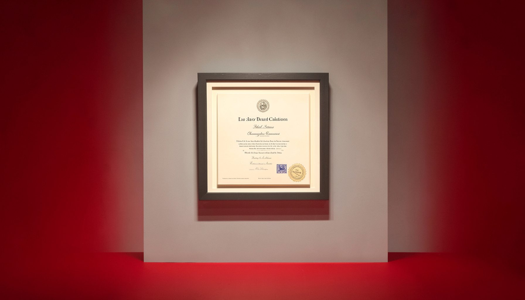 A softly lit exhibition display with a framed certificate on a neutral gray wall, warm ivory and charcoal tones