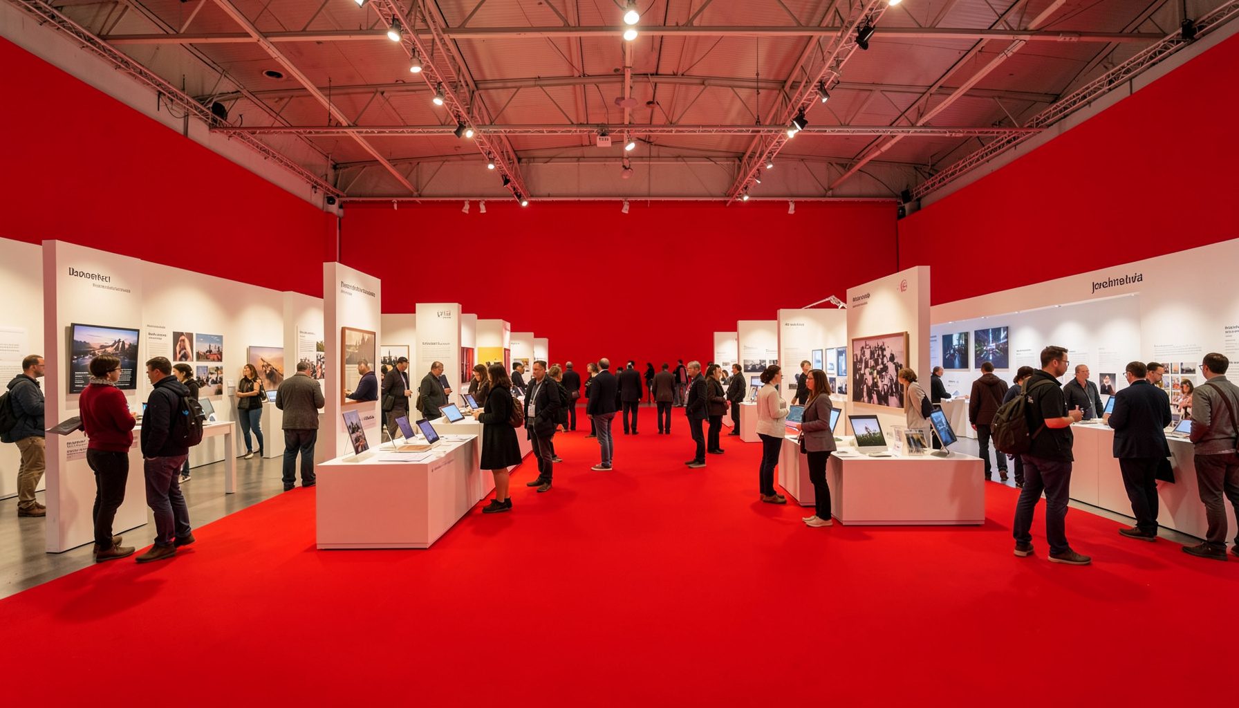 Wide-angle view of a busy exhibition hall with informational booths and attendees walking between displays, warm neutral lighting